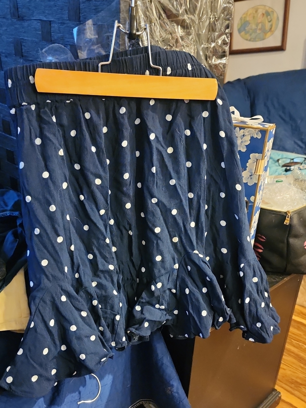 LOFT Navy and White Polka Dot Ruffle-Hem Mini Skirt